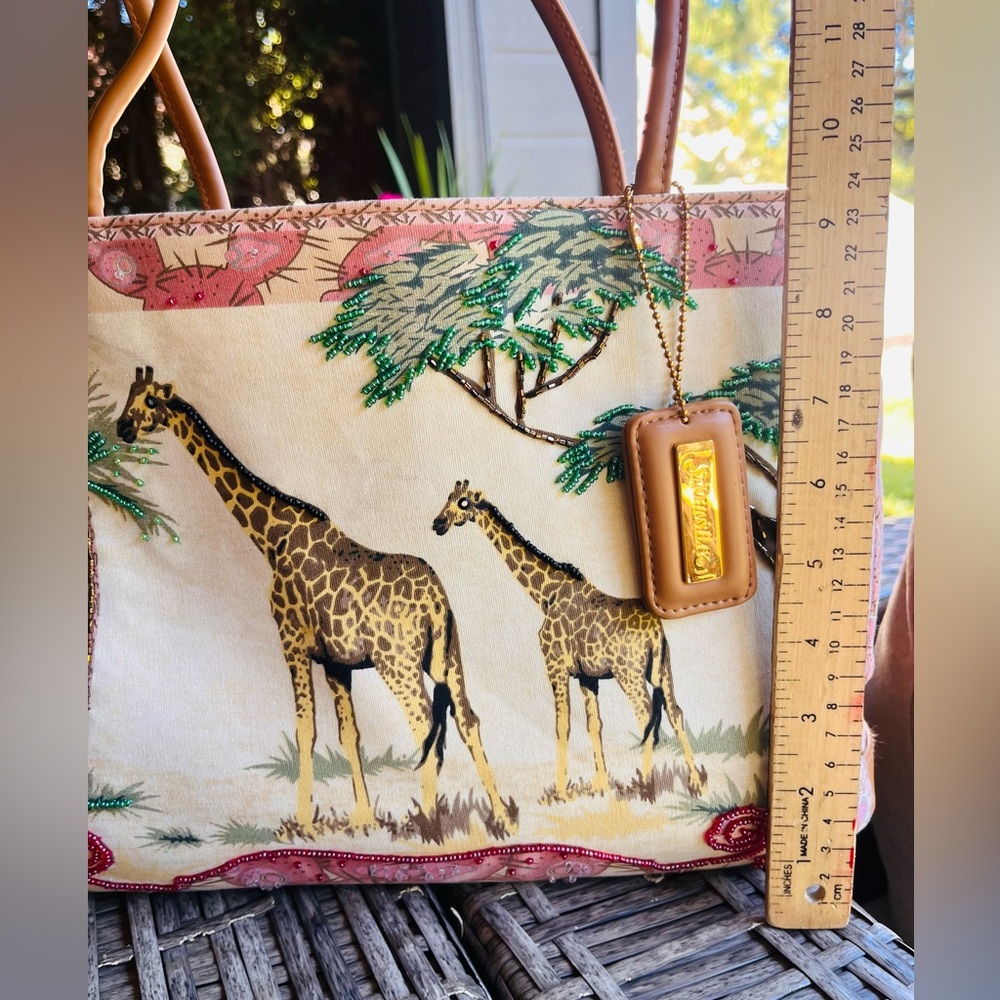 St. John's Bay Pink and Tan Giraffe Print & Beaded Canvas Tote - Picture 7 of 9